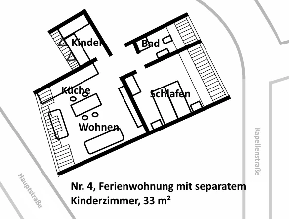 Grundriss Ferienwohnung Nr. 4, 33 qm mit separatem Kinderzimmer