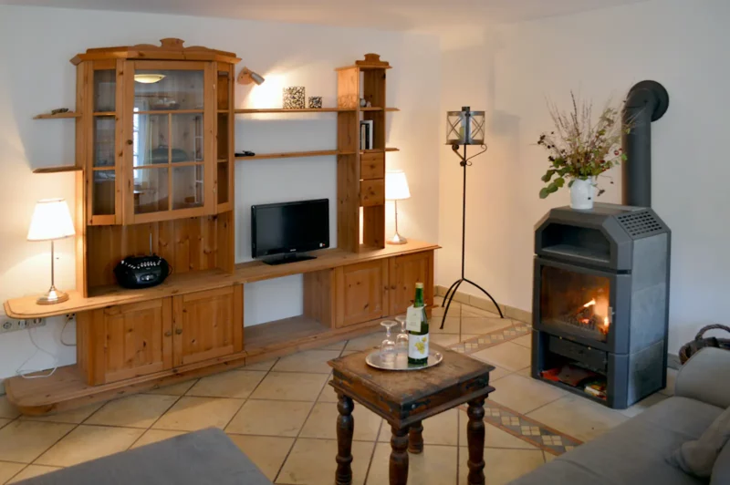 Brennender Specksteinofen, Schrankwand mit Fernseher